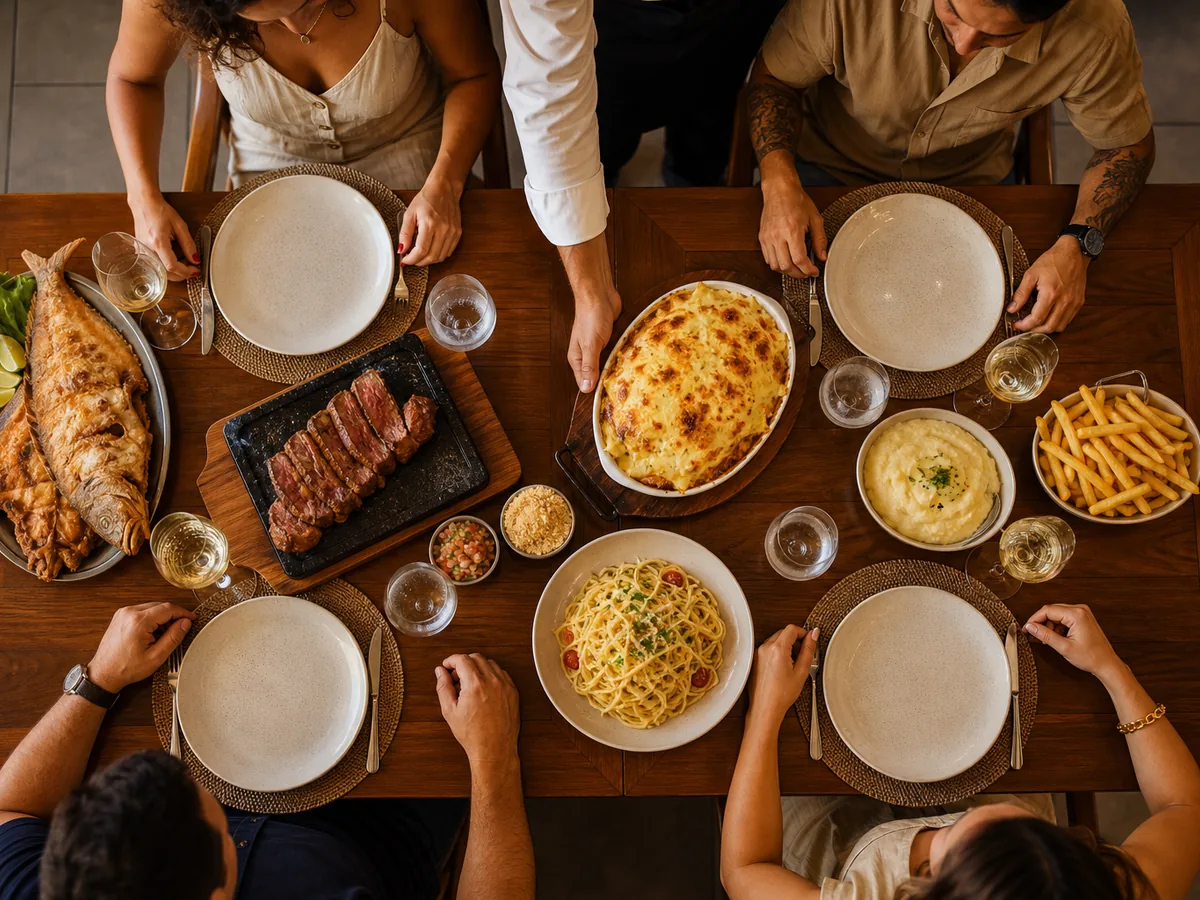 Mesa de restaurante vista de cima com peixe frito, picanha, parmegiana, massa, pure e batata frita